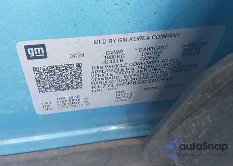 2025 Chevrolet Trax 1Rs from USA, damaged, VIN KL77LGEP6SC105547